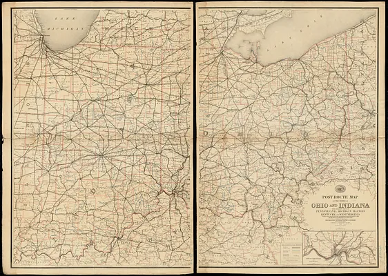 Post route map of the states of Ohio and Indiana with adjacent parts of Pennsylvania, Michigan, Illinois, Kentucky and West Virginia showing post offices, with the intermediate distances between them and mail routes in operation on 1st August 1883