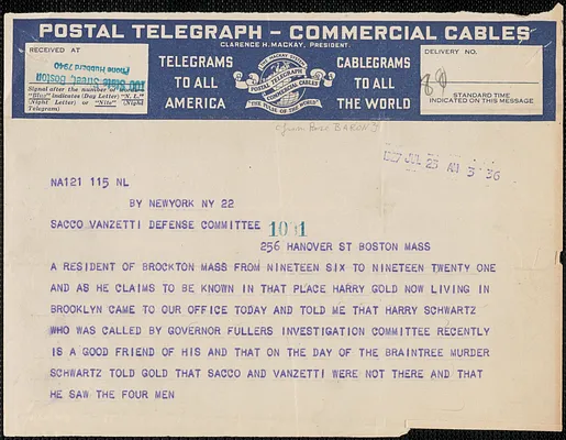 Rose Baron? telegram to Sacco-Vanzetti Defense Committee, New York, N.Y., July 23, 1927