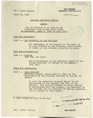 Agenda for the One Hundred and Fourteenth Meeting of the National Security Council
