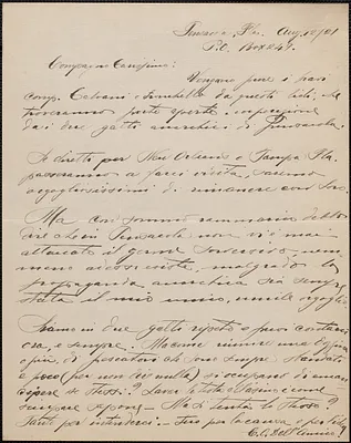 C. O. Dell'Amico autograph letter signed, in Italian, to [Sacco-Vanzetti Defense Committee], Pensacola, Fla., August 12, 1921