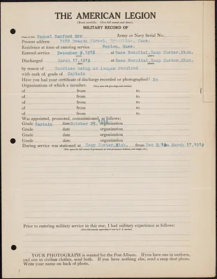 American Legion military record of Samuel Sanford Orr