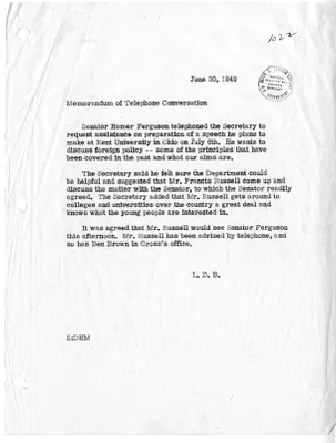 Memorandum of Telephone Conversation with Secretary of State Dean Acheson and Senator Homer Ferguson