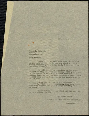 Sacco-Vanzetti Defense Committee typed letter (copy) to Henry G. Babcock, Boston, Mass., November 4, 1926