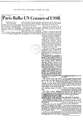 Newspaper Clipping, New York Star, "Paris Balks UN Censure of USSR"