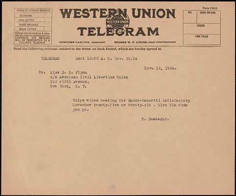 Felice Guadagni telegram to Elizabeth Gurley Flynn (American Civil Liberties Union), Boston, Mass., November 12, 1924