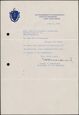 Herman A. MacDonald (Executive Department. Commonwealth of Massachusetts) typed note signed to Caroline L. Goodenough, Boston, Mass., July 8, 1926