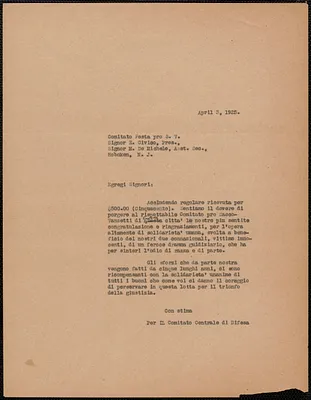 Sacco-Vanzetti Defense Committee typed letter (copy), in Italian, to Comitato Festa Pro Sacco-Vanzetti, Boston, Mass., April 3, 1925