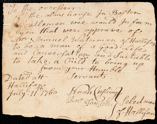Sarah Whitney indentured to apprentice with Samuel Waterman of Halifax, 17 July 1760