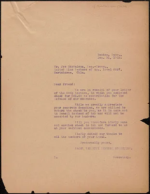 Sacco-Vanzetti Defense Committee typed letter (copy) to Joe Magadalena (United Mine Workers of America, Local 5557), Boston, Mass., January 31, 1925