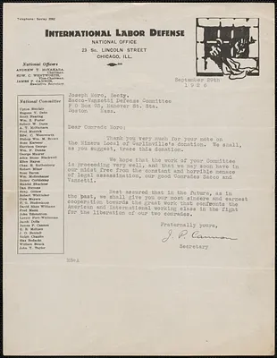 James P. Cannon (International Labor Defense) typed letter signed to Joseph Moro, Chicago. Ill., September 29, 1926