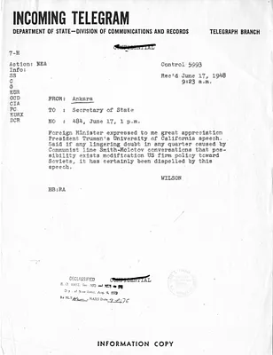 Telegram from Ambassador Edwin C. Wilson to Secretary of State George C. Marshall