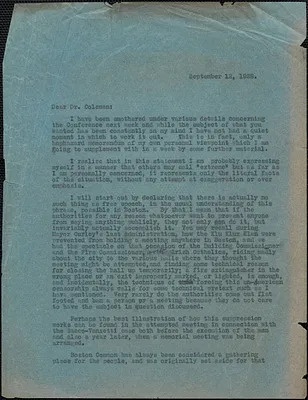 Creighton J. Hill typed letter (copy) to Geo[rge W.] Coleman, [Boston, Mass.], September 12, 1928
