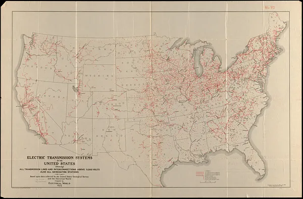 Electric transmission systems of the United States, showing all transmission lines and interconnections above 11,000 volts also all generating stations