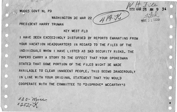 Telegram from Senator Joseph McCarthy to President Harry S. Truman