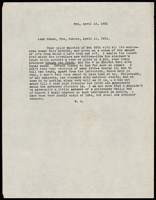 James, William, 1842-1910 typed letter signed to Hugo Münsterberg, Rye, Eng., 12 April 1901