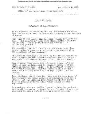 Presidential statement on complying with traffic laws over Labor Day weekend [Ford Speech or Statement]