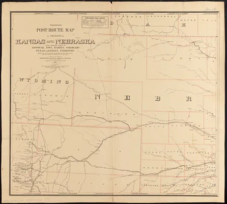 Preliminary post route map of the states of Kansas and Nebraska with adjacent parts of Missouri, Iowa, Dakota, Colorado, Texas, and Indian Territory, showing post offices, with the intermediate distances between them and mail routes in operation on 1st Aug. 1883