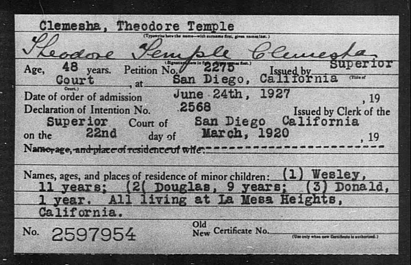 Clemesha, Theodore Temple - 1927