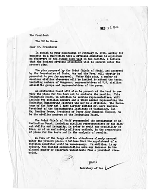 Letter from Secretary of War Robert Patterson to President Harry S. Truman