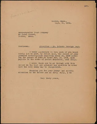 [Sacco-Vanzetti Defense Committee] typed letter (copy) to Mr. Priest (Massachusetts Trust Company), Boston, Mass., September 21, 1925