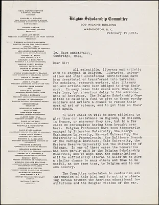 Sarton, George, 1884-1956 typed letter signed to Hugo Münsterberg, Washington, 19 February 1916