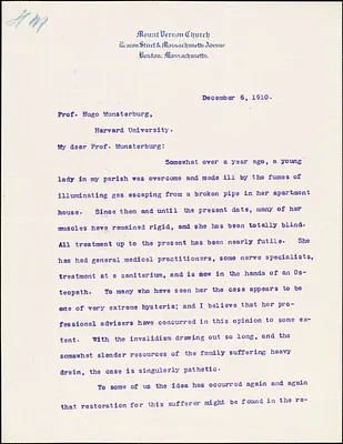 Richards, James Austin, fl. 1910 typed letter signed to Hugo Münsterberg, Boston, 06 December 1910