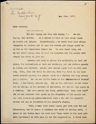 Bartolomeo Vanzetti typed letter (copy) to [Matto Rico], [Dedham], 22 May 1927
