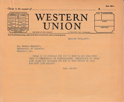 Telegram to Dr. Herman Schlundt, October 24, 1928