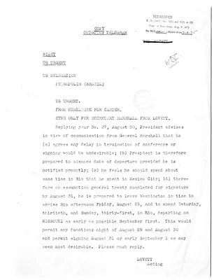 Telegram from Acting Secretary of State Robert Lovett to Secretary of State George C. Marshall