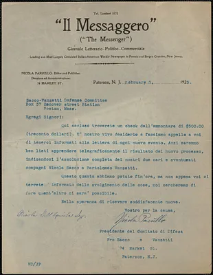 Nicola Parrillo (Il Messaggero) typed letter, in Italian, signed to Sacco-Vanzetti Defense Committee, Paterson, N.J., February 3, 1923