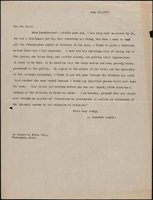 A. Lawrence Lowell typed letter (copy) to Robert Hale, [Cambridge, Mass.], August 15, 1927