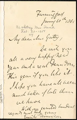 Emily Tennyson autograph letter signed to Mrs. Gatty, Farringford, [Isle of Wight], 10 January 1861