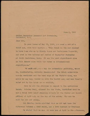 Sacco-Vanzetti Defense Committee typed letter (copy) to the Editor, Rochester Democrat and Chronicle, Boston, Mass., June 2, 1923