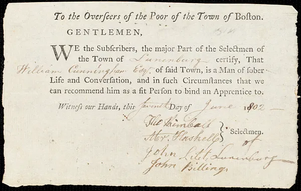 Samuel Malborn indentured to apprentice with Williams [William] Cunningham of Lunenburg, 13 August 1802
