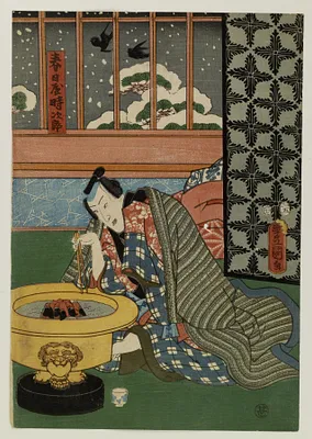 RL side of Kasugaya Tokijiro and Yamanaya Urasato by a Hibachi as Snow Falls Outside