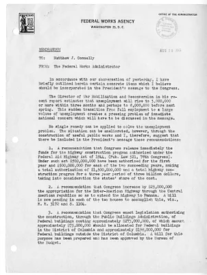 Memorandum from Federal Works Administrator Philip Fleming to Matthew J. Connelly
