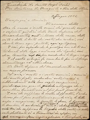 Bartolomeo Vanzetti autographed letter (draft) to Comrades and Friends, [Charlestown], 3 June 1926