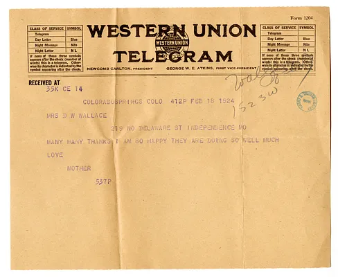 Telegram from Elizabeth Emery Gates to Madge Gates Wallace
