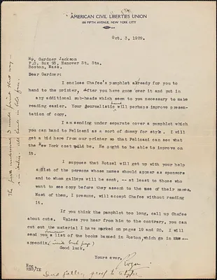 Roger [N. Baldwin] (American Civil Liberties Union) typed letter signed to Gardner Jackson, New York, N. Y., October 3, 1929