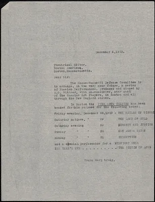 Sacco-Vanzetti Defense committee typed letter (copy) to Theatrical Editor, Boston American, December 6, 1923