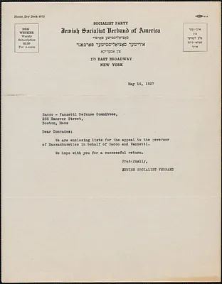 Jewish Socialist Verband of America typed note to Sacco-Vanzetti Defense Committee, New York, N.Y., 16 May 1927