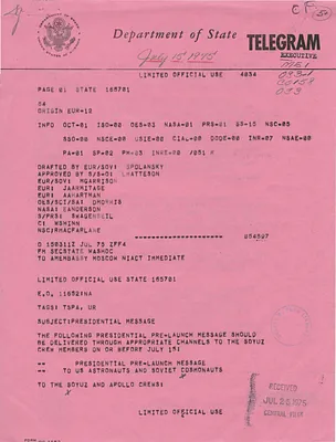Telegram from Robert Ingersoll to American Embassy in Moscow, Regarding Presidential Pre-launch Message to U.S. Astronauts and Soviet Cosmonauts
