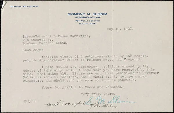 Sigmond Slonim typed letter signed to Sacco-Vanzetti Defense Committee, Duluth, Minn., May 19, 1927
