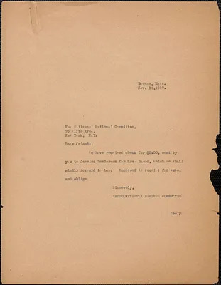 Sacco-Vanzetti Defense Committee typed letter (copy) to Citizens National Committee, Boston, Mass., November 16, 1927