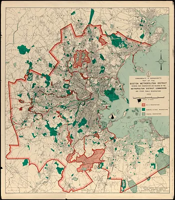 Map of the Boston Metropolitan District showing park reservations and holdings of the Metropolitan District Commission and other public reservations