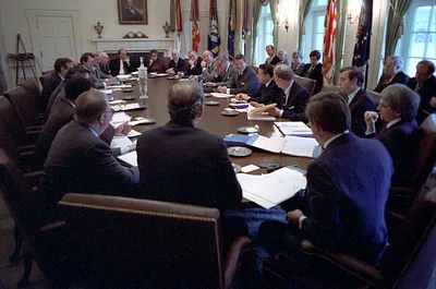 First Cabinet Meeting with George Bush, Alexander Haig, Caspar Weinberger, James Watt, Malcolm Baldrige, Jeane Kirkpatrick, Ed Meese, Don Regan, Richard Schweiker and Terell Bell in Cabinet Room