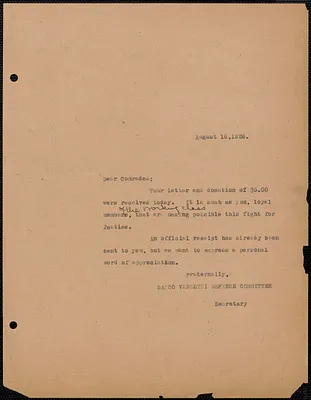 Sacco-Vanzetti Defense Committee typed note (copy) to Dear Comrades, Boston, Mass., August 16, 1926