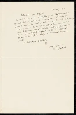 Jentsch, Carl, 1833-1917 autograph letter signed to Hugo Münsterberg, Neisse, Ger., 5 April 1912