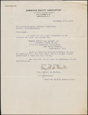 Myrtle de Montis (American Equity Association) typed letter signed to Sacco-Vanzetti Defense Committee, Washington, D. C., November 27, 1927