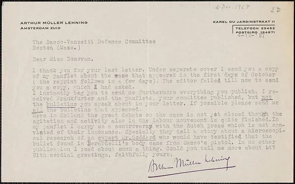 Arthur M. Lehning typed letter signed to Mary Donovan, Amsterdam, The Netherlands, December 4, 1927